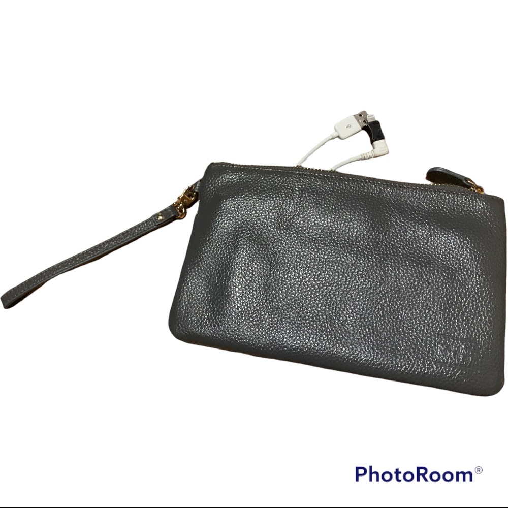 Gray with gold zipper wristlet, new without tags. 9inchx5inch with chargers!